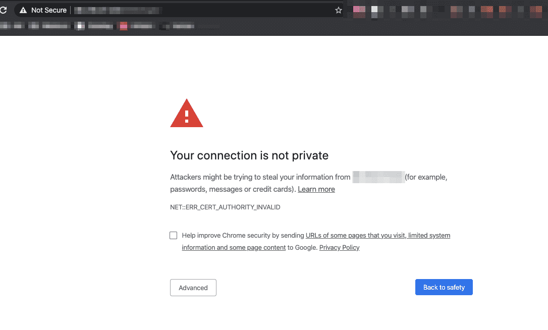 Your connection is not private kezdetű figyelmeztetés a böngészőablakon belül