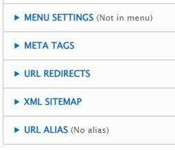 SEO beállítási lehetőségek a Drupalban az oldalsávban: menübeállítások, metacímkék, átirányítások, XML sitemap, URL alias