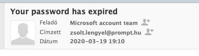 Az e-mail tárgya: Your password has expired, a feladó: Microsoft account team