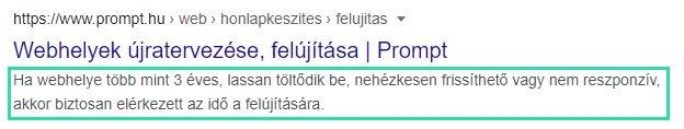 A meta description HTML elem megjelenése a Google találati listán