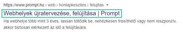 Az oldalcím HTML elem a Google találati listán